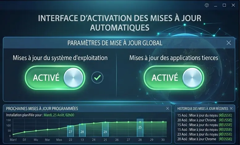 Interface d’activation des mises à jour automatiques sur un appareil.