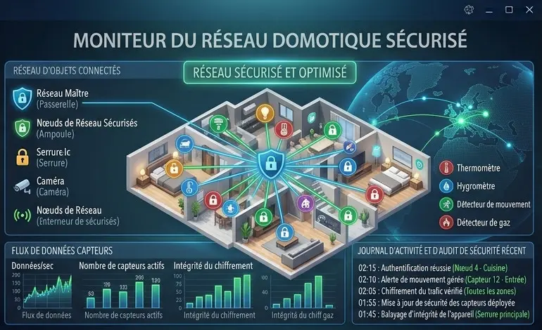 Réseau d’objets connectés et de capteurs sécurisés dans une maison intelligente.